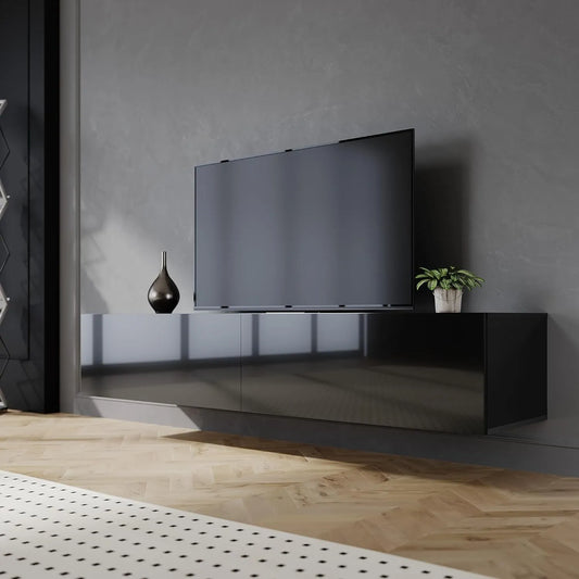 Meuble TV Noir SIRHONA, Suspendu ou au Sol, 2 Portes, Grand Rangement, 160x40x30cm, Pour Salon ou Chambre