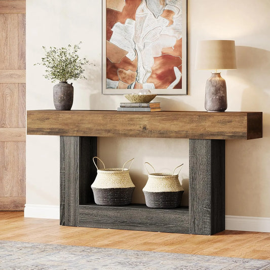 Console d'entrée Tribesigns 160 cm avec Rangement, Table en Bois de Ferme à 2 Niveaux pour Salon, Couloir, Chambre - Marron Rustique et Gris