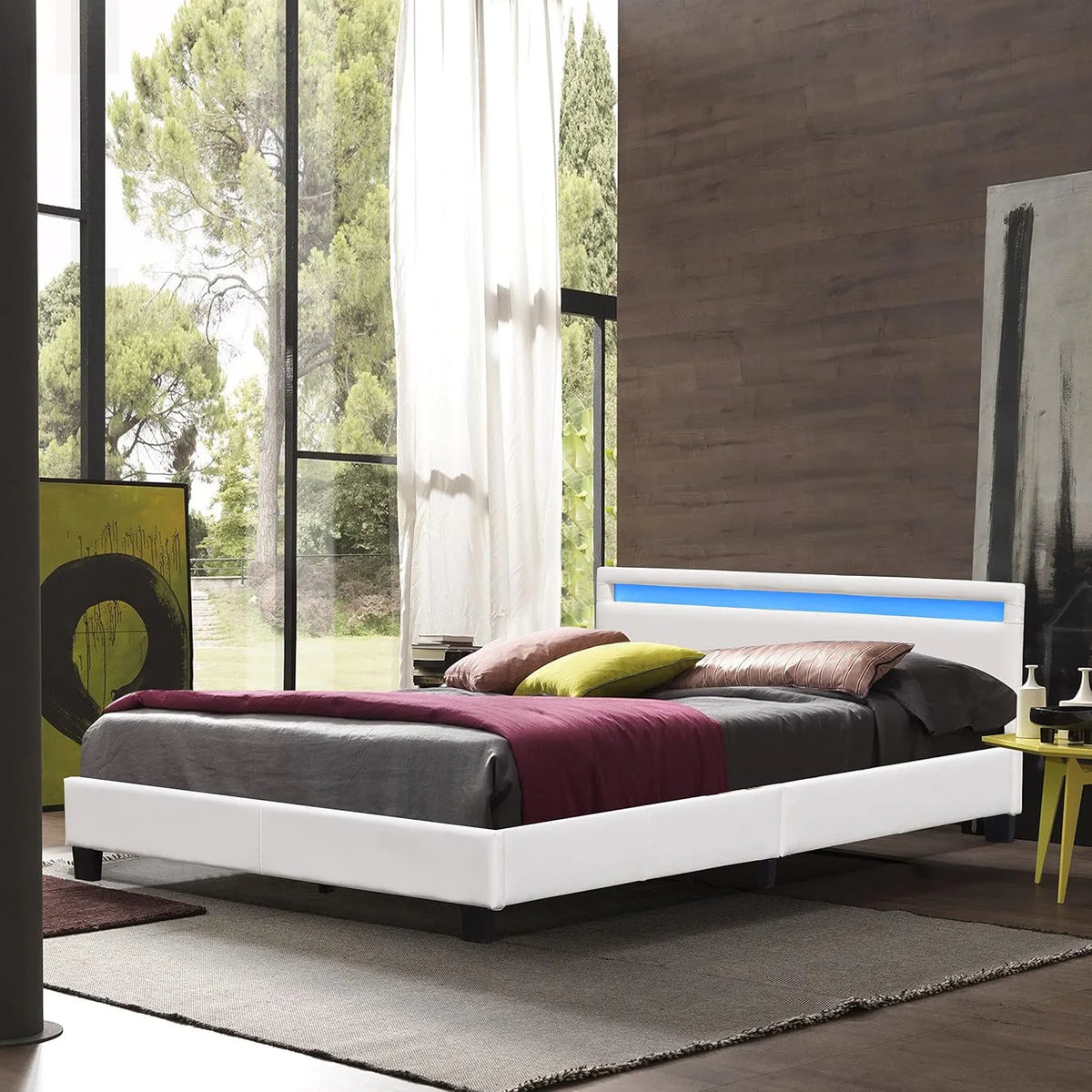 Lit Double 120x200 avec Sommier et Tête de Lit LED, Blanc, Pieds 10 cm, Simili Cuir Facile à Nettoyer
