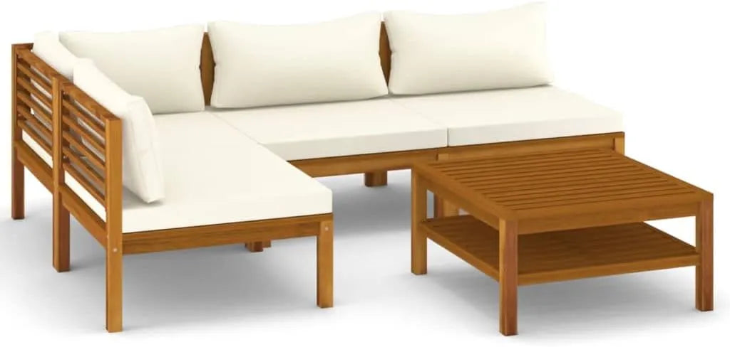 Ensemble de Salon de Jardin en Bois d'Acacia avec Coussins - 5 Pièces - Crème