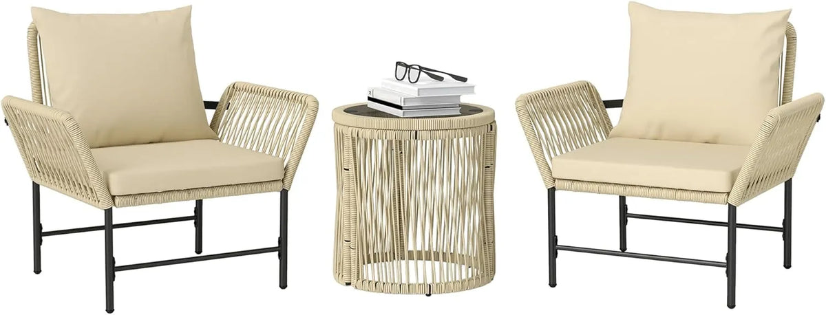 Outsunny Salon de Jardin en Rotin Synthétique pour 2 Personnes, Ensemble de 3 Pièces avec Coussins, Résistant aux Intempéries