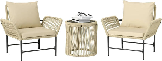 Outsunny Salon de Jardin en Rotin Synthétique pour 2 Personnes, Ensemble de 3 Pièces avec Coussins, Résistant aux Intempéries