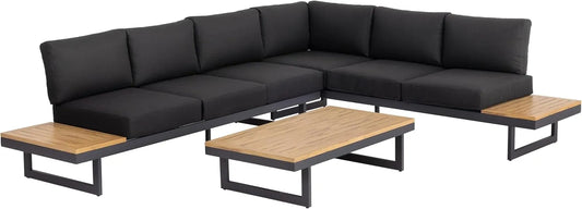 Ensemble de Salon de Jardin Malaga, Acier et Bois, Canapé d'Angle, Canapé 3 Places, Table Basse avec Coussins, Couleur Anthracite