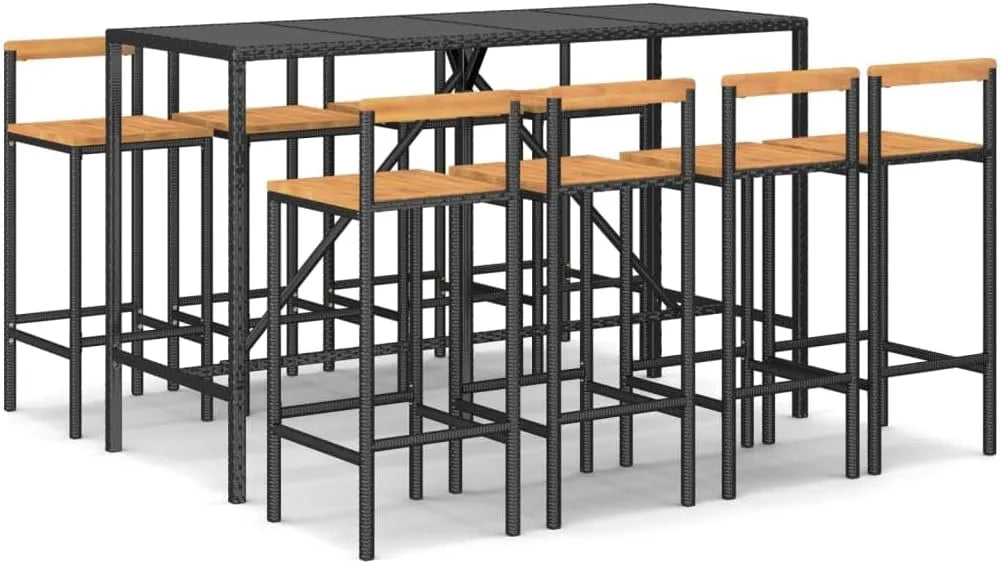 Ensemble de Bar en Rotin et Acacia Noir 9 pièces pour Jardin