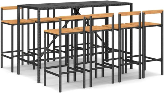 Ensemble de Bar en Rotin et Acacia Noir 9 pièces pour Jardin