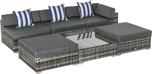 Ensemble Modulable de Jardin 6 Pièces en Résine Tressée - 5 Places avec Table Basse en Verre et Coussins - Gris