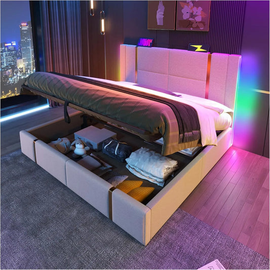 Lit Coffre 140 x 200 cm avec LED et Ports USB-C, Sommier en Bois, Tissu Lin Beige