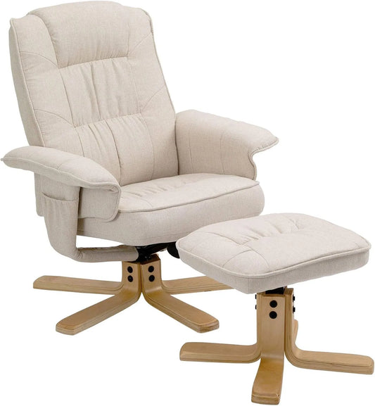Fauteuil Relaxant Pivotant Charly avec Pouf, Dossier Inclinable, Tissu Beige Confortable