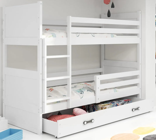 Interbeds Lit Superposé Rico en Pin Massif, Sécurité Enfant, Sommier et Tiroir Inclus, Structure Séparable, Blanc 90x190, Sans Matelas