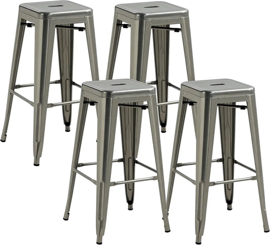 Ensemble de 4 Tabourets de Bar Industriels en Métal, Style Rétro avec Repose-Pieds, Hauteur 76 cm, pour Salle à Manger et Bars - Argent