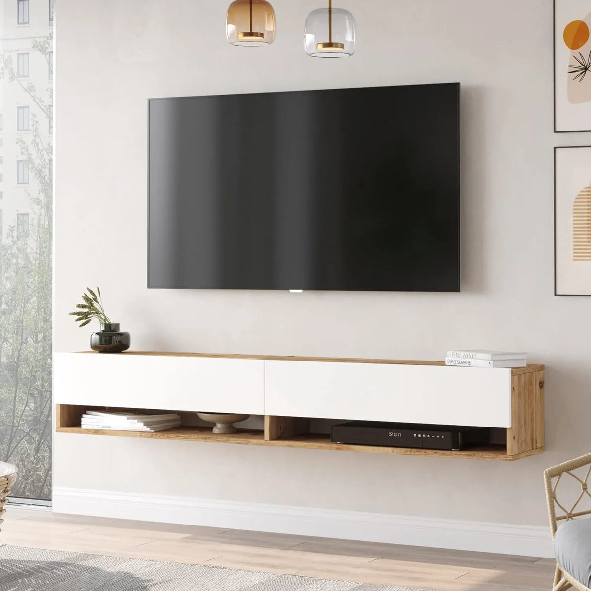 Buffet TV avec 2 portes et espaces de rangement, design moderne, panneau mélaminé chêne blanc 30x180x32 cm