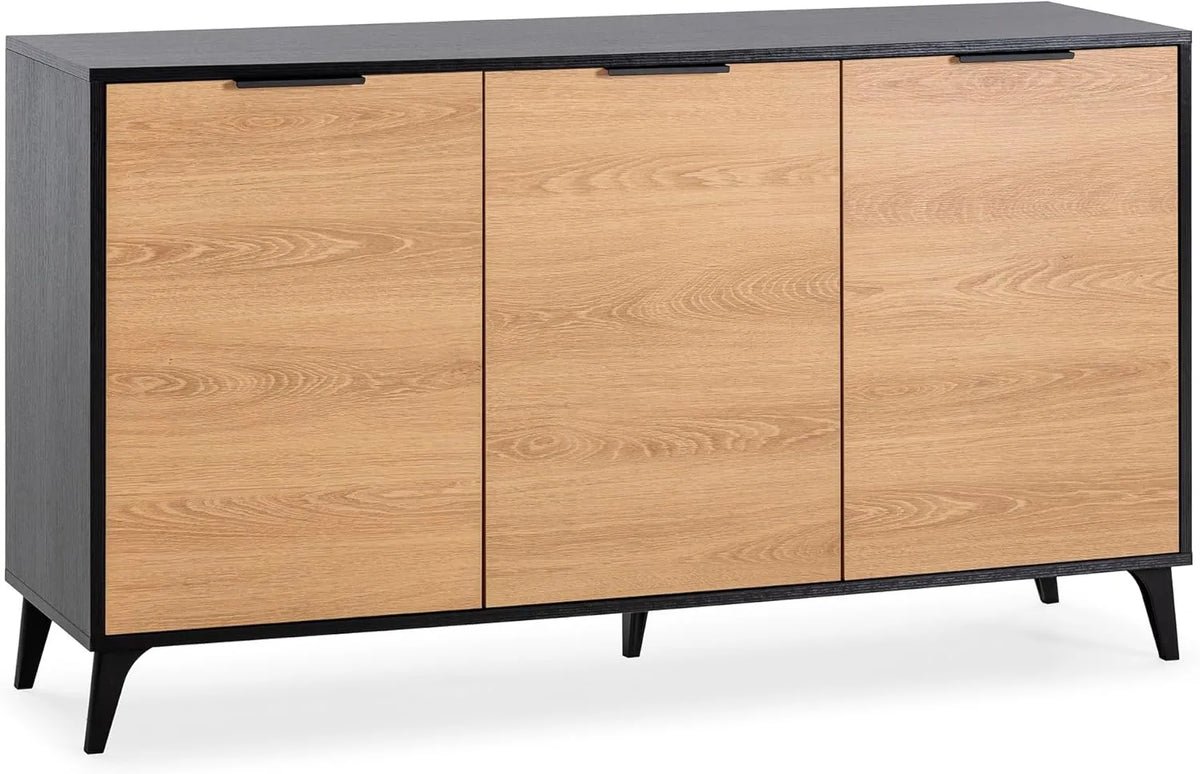 Buffet Moderne Kalma Noir et Bois avec 3 Portes, 136x40x76 cm