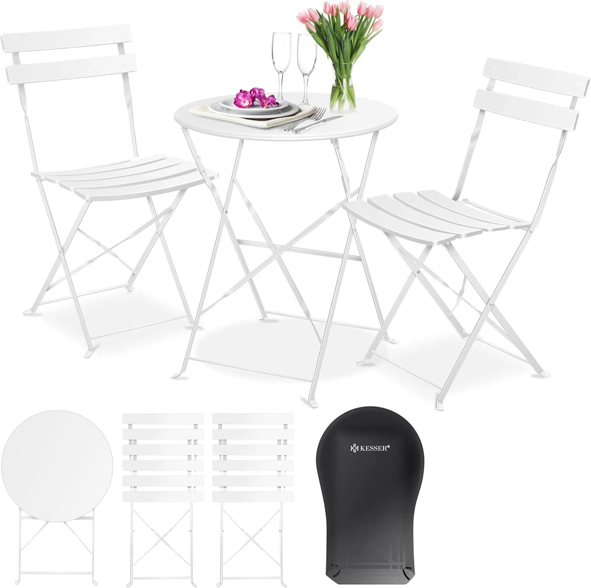 Ensemble de Jardin en Métal Blanc avec Table et Chaises Pliantes - Idéal pour Balcon et Terrasse