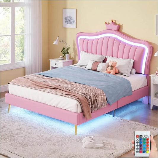 Lit Cabane Enfant 140x200 cm, Double Couronne avec LED, Cuir PU Blanc, Cadre à Lattes, Rose