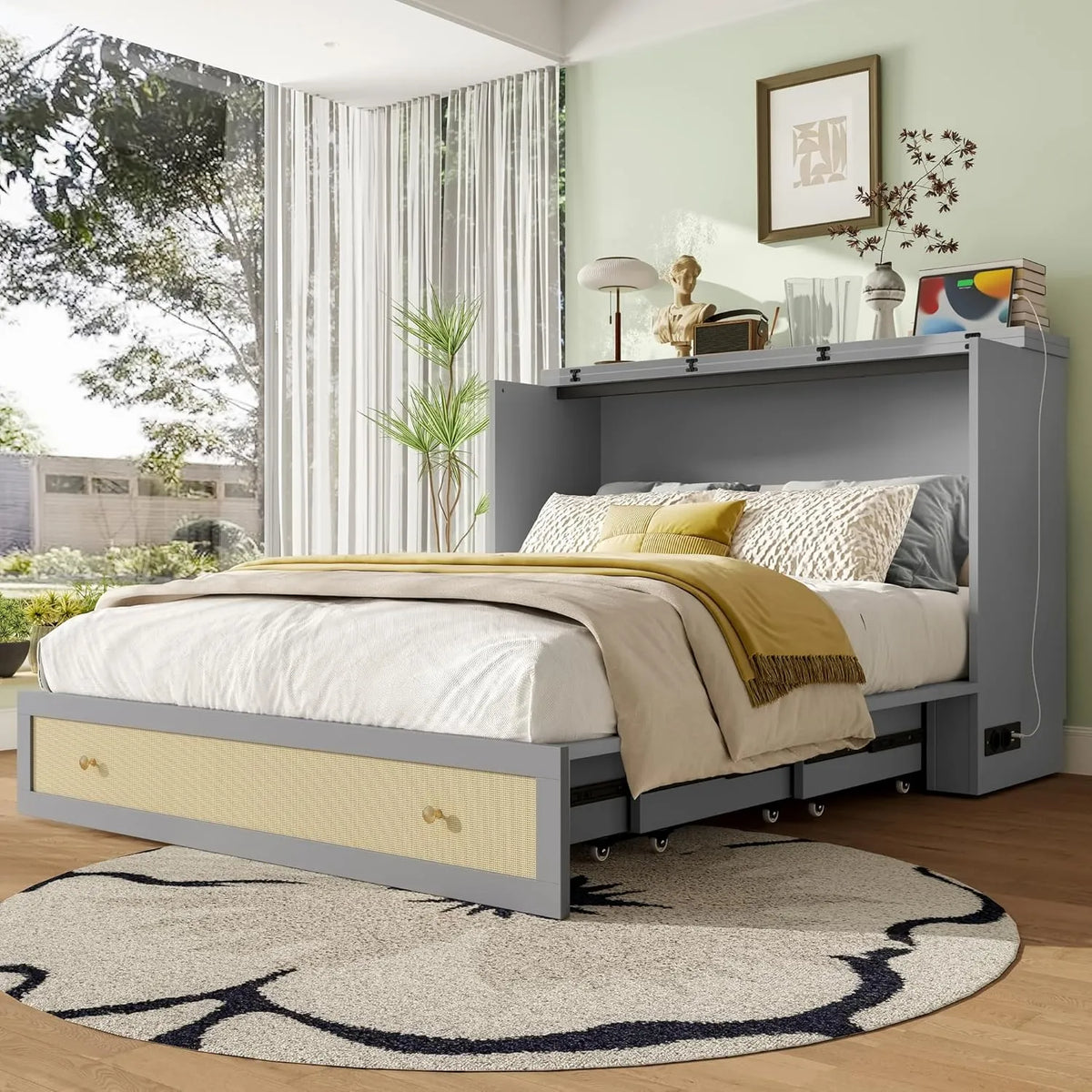 Lit escamotable 140x200 cm avec tiroirs et étagère, double avec port USB et prise, gris