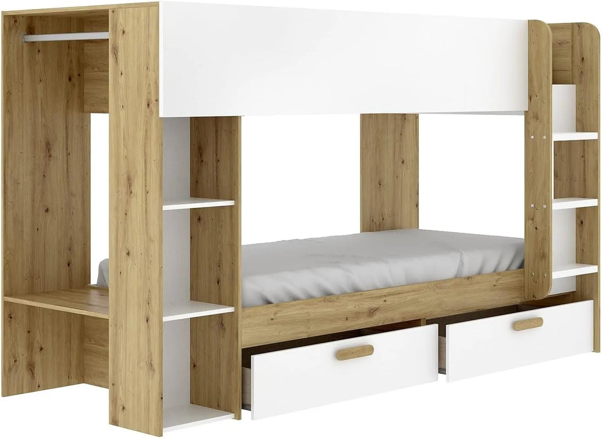 Lits Superposés OSANA avec Rangement et Penderie pour Enfants - Blanc et Naturel - 90x200 cm
