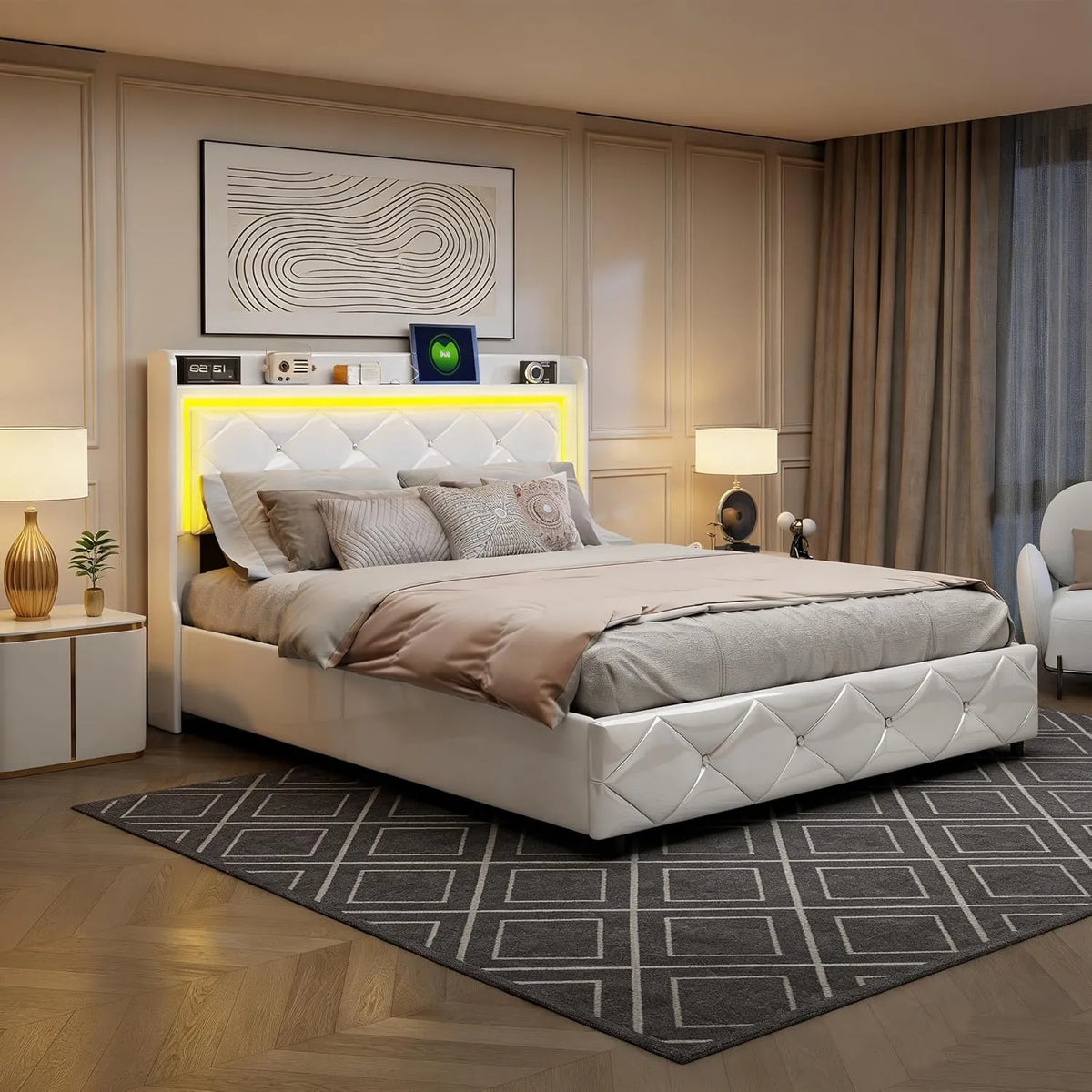 Lit double 160x200 cm avec LED, tête de lit avec rangement et port USB, lit coffre hydraulique