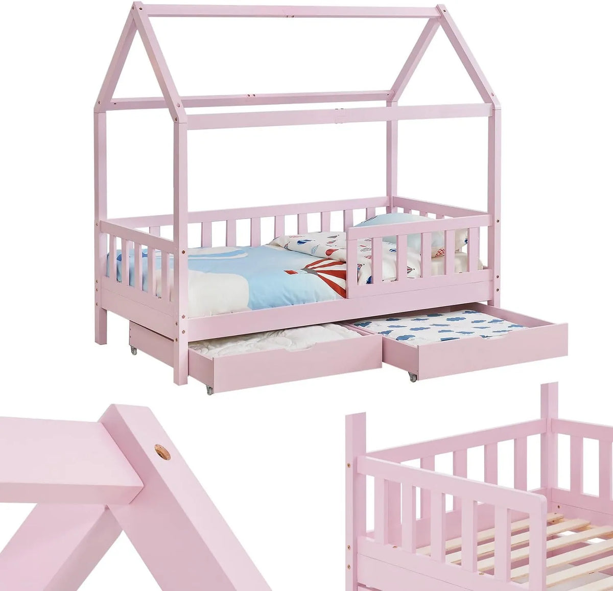 Lit Enfant Cabane Montessori 90x200 cm avec Tiroirs et Toit, Bois Massif, Rose