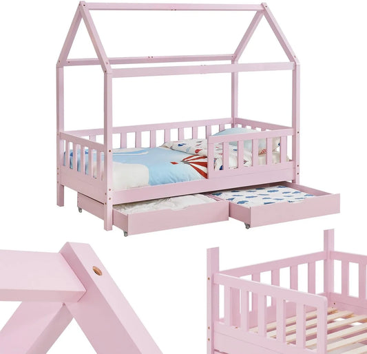 Lit Enfant Cabane Montessori 90x200 cm avec Tiroirs et Toit, Bois Massif, Rose