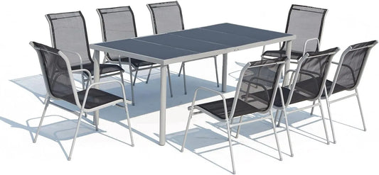 Ensemble de Jardin en Acier avec Table en Verre Trempé et 8 Chaises Empilables – Gris Anthracite – Modèle Lusiana – Résistant aux Intempéries