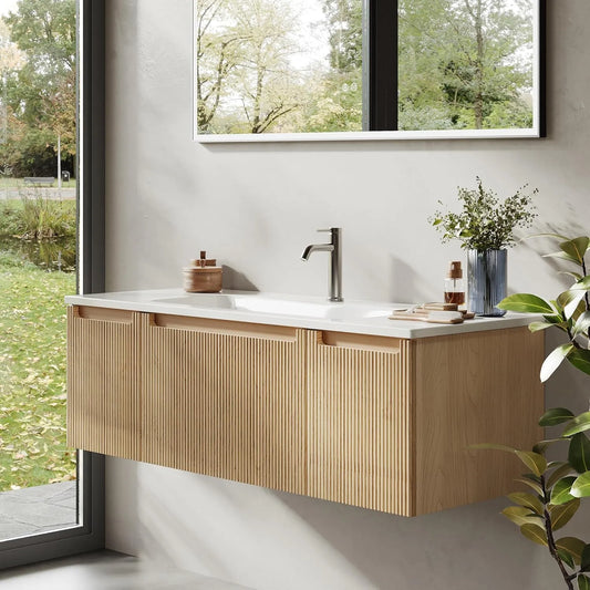 Ensemble Meuble-Lavabo 120 cm avec Vasque en Résine Minérale, Tiroir et Porte Douce, Design Élégant, Idéal pour Grandes Salles de Bains, Sable Doré