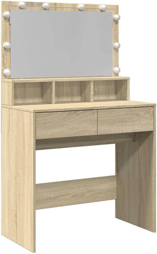 Table de Maquillage avec LED et Miroir, Chêne Sonoma, 80x41x134,5 cm