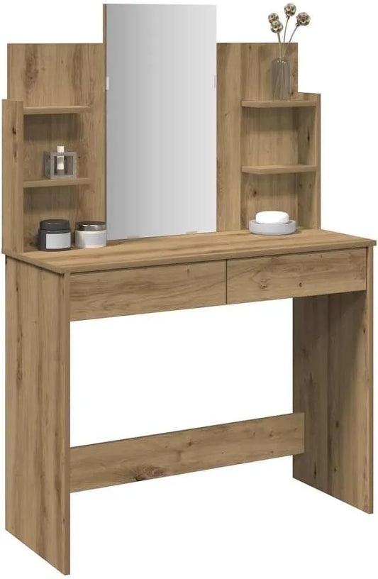 Table de Maquillage avec Miroir et Rangements, Bois Chêne, 96x39x142cm, pour Chambre Adulte ou Fille
