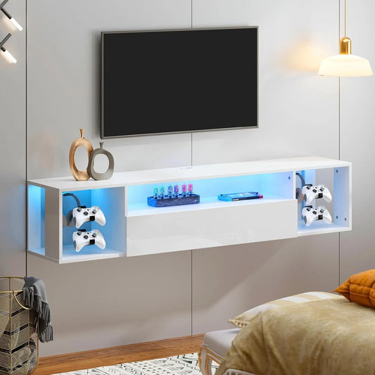 Meuble TV Mural Blanc avec Éclairage LED et Gestion des Câbles - 140 cm
