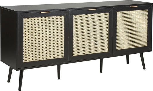 Buffet Boho 3 Portes en Rotin et MDF Noir avec Pieds en Hévéa