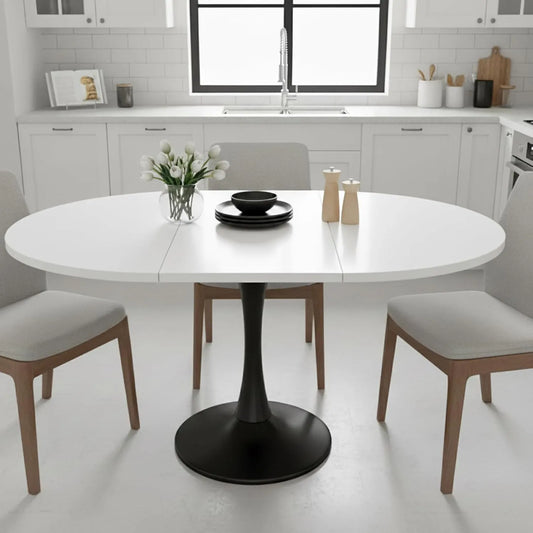 Table ronde extensible blanche avec pieds noirs 100-140 cm pour 4 à 6 personnes