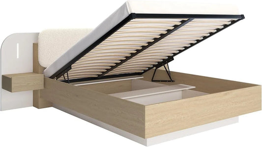 Ensemble Lit Coffre avec Têtes de Chevets LED 160x200 cm - Beige et Bois Naturel