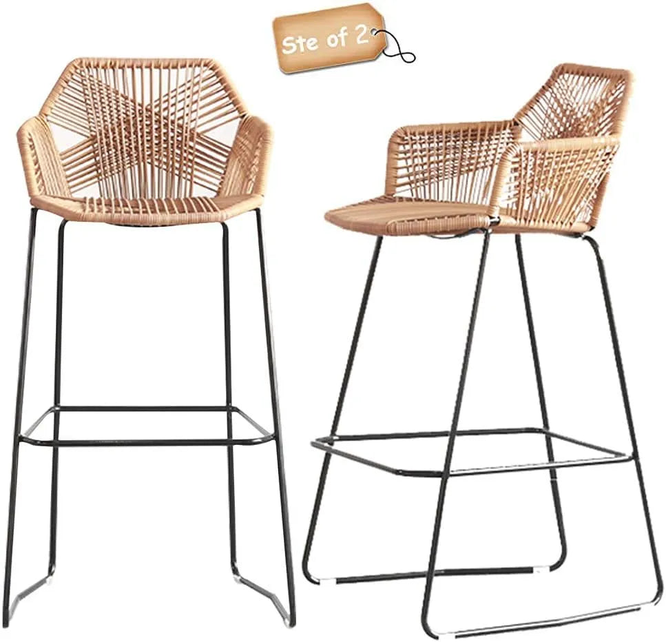 Ensemble de 2 chaises de bar nordiques avec dossier, repos-pieds et structure en rotin