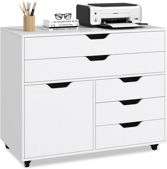 Caisson de Bureau Mobile 5 Tiroirs avec Étagère Ajustable et Support Imprimante, 5 Roues avec Freins, Blanc, 77,5x40x64 cm