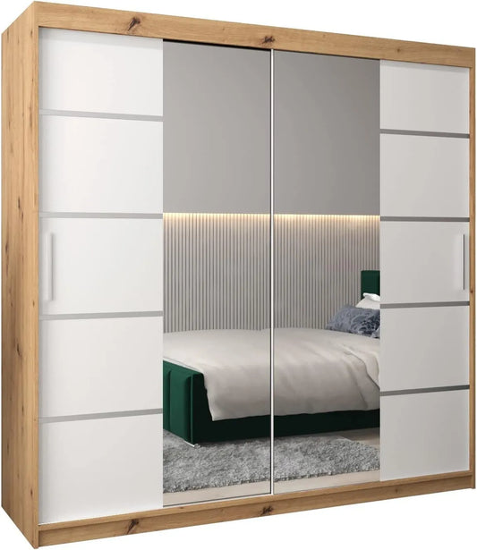 Armoire Coulissante Verona avec Miroir et Étagères, Chêne et Blanc