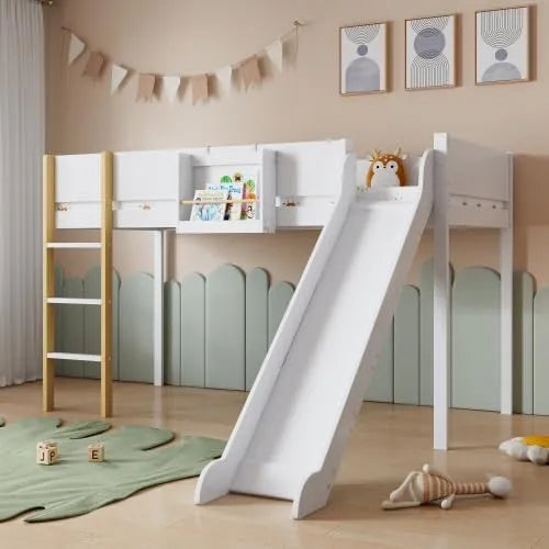 Lit surélevé enfant Merax avec toboggan et échelle, étagère amovible, 90x200 cm, blanc et naturel