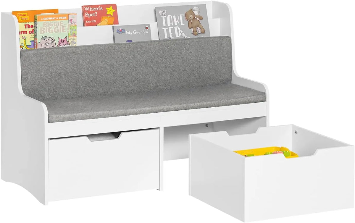 Meuble de Rangement pour Enfants avec Banc et Bibliothèque, 2 Tiroirs à Roulettes, Coussin Inclus, 100 x 45 x 70 cm, Blanc