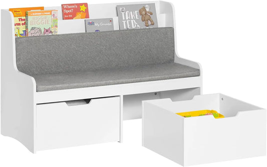 Meuble de Rangement pour Enfants avec Banc et Bibliothèque, 2 Tiroirs à Roulettes, Coussin Inclus, 100 x 45 x 70 cm, Blanc