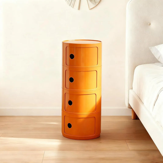 Table de Chevet Ronde avec Tiroirs et Porte Coulissante, Meuble de Rangement pour Salon ou Chambre Enfant, 4 Niveaux, Orange