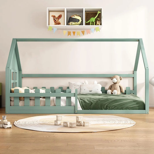 Lit au Sol Enfant 90x200 cm Vert avec Barrières de Sécurité Montessori, Design Maison, Matelas Non Inclus