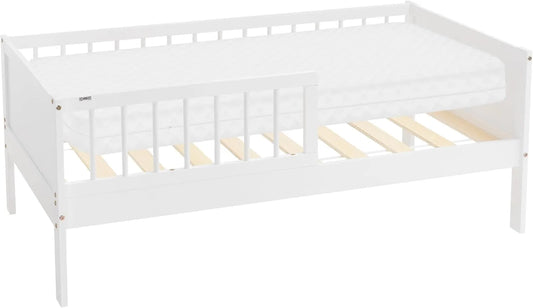 Lit Enfant 70x140 cm avec Matelas, Bois de Pin Blanc, Barrière de Sécurité Incluse