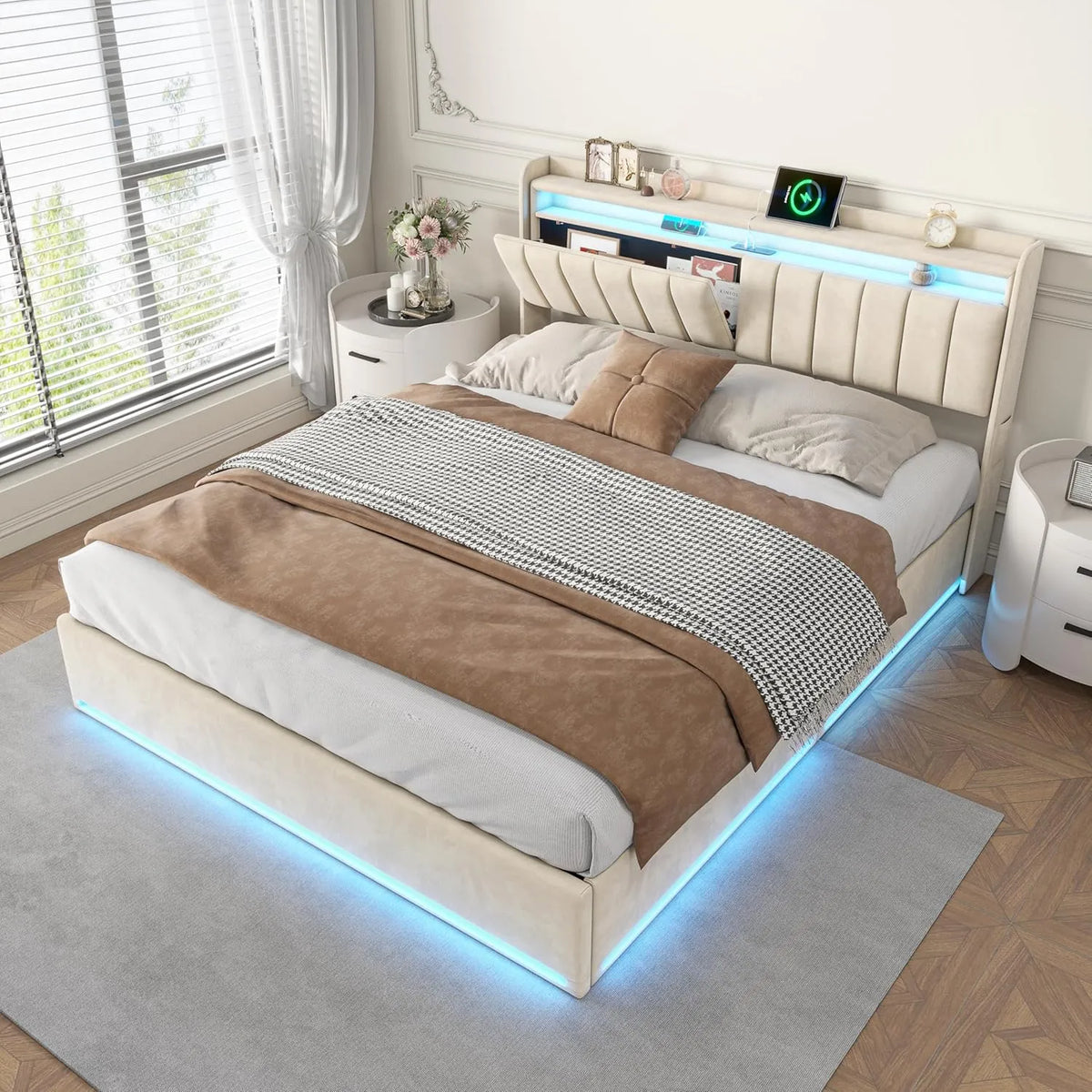 Lit Double 140x200 avec Rangement Hydraulique, Éclairage LED et Port USB, Sommier à Lattes et Tête de Lit Capitonnée en Velours