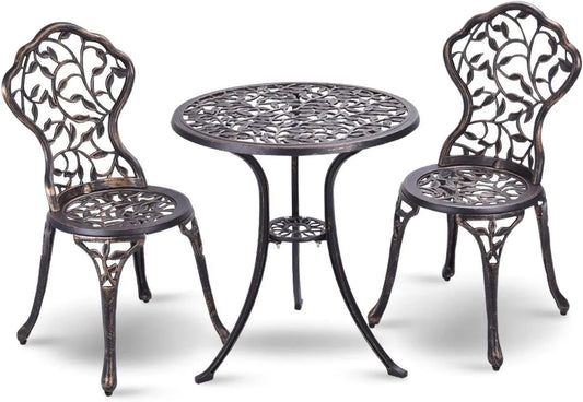 Ensemble Bistro 3 Pièces en Aluminium, Mobilier de Jardin Vintage avec Feuilles