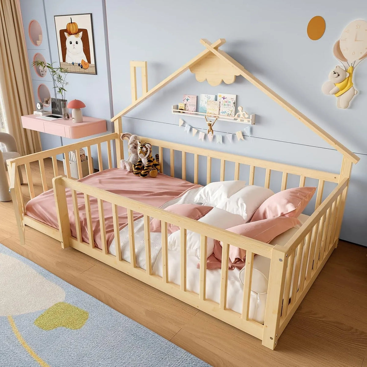 Lit Cabane Montessori Enfant 90x190cm en Pin Naturel avec Barrières et Porte