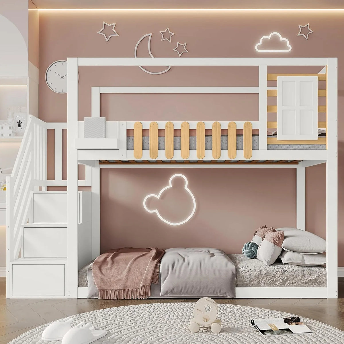 Lit superposé en bois massif avec escalier et rangements pour enfants, 90 x 200 cm, blanc