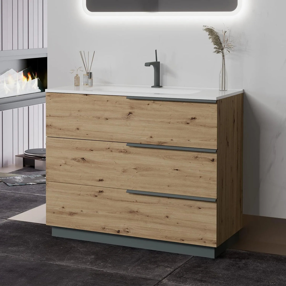 Meuble de Salle de Bain sur Pied avec Vasque Intégrée 100 cm, 3 Tiroirs Chêne Doré