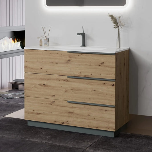 Meuble de Salle de Bain sur Pied avec Vasque Intégrée 100 cm, 3 Tiroirs Chêne Doré