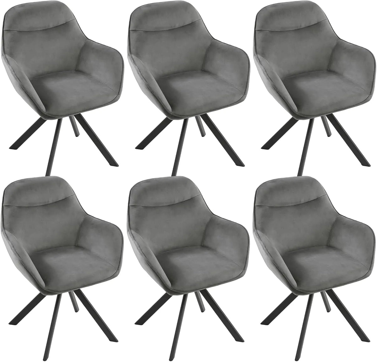 Lot de 6 Chaises Pivotantes en Velours avec Accoudoirs - Gris Foncé