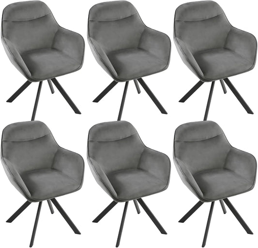 Lot de 6 Chaises Pivotantes en Velours avec Accoudoirs - Gris Foncé