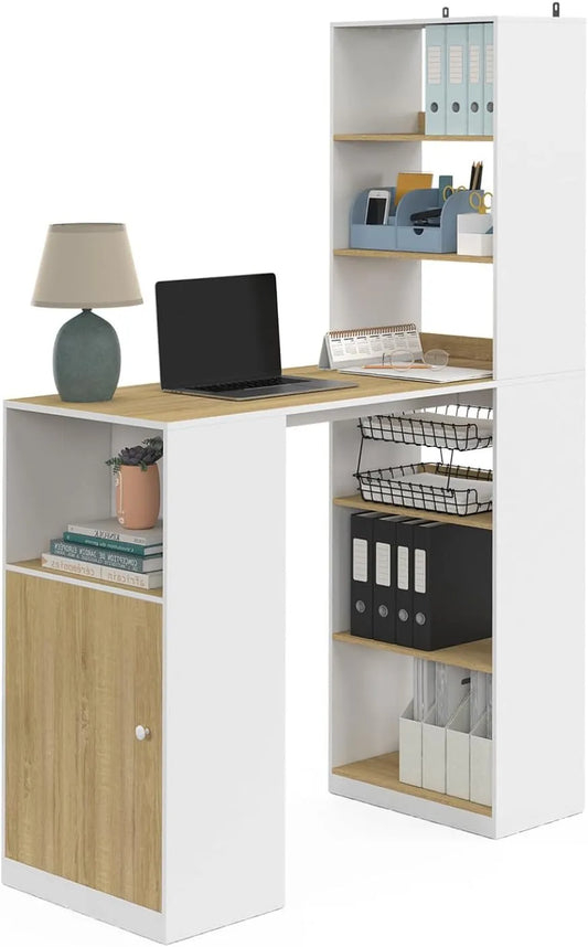 Bureau Double avec Rangement Intégré - Blanc et Bois