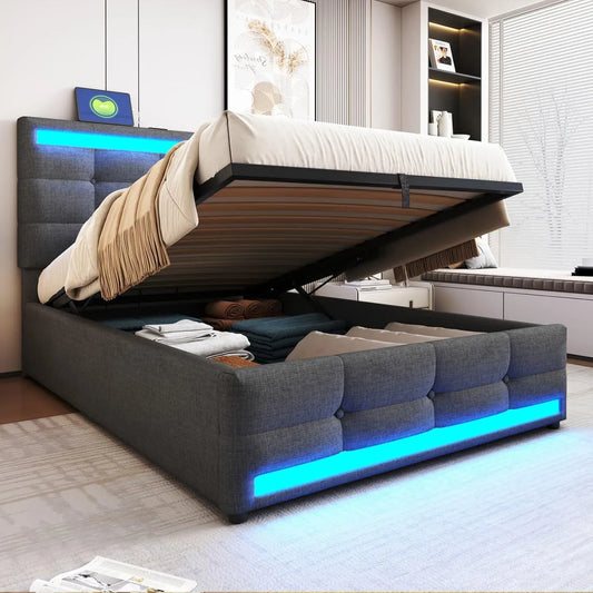 Lit Simple 90x200cm avec LED, Port USB et Rangement, Tête Réglable, Sommier Lattes, Lin, Sans Matelas (Gris)